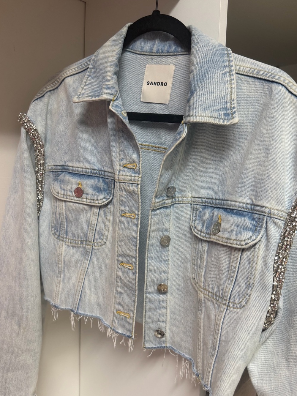 Sandro Light Blue Cropped Denim Jacket with Sequin-Trim Sleeves